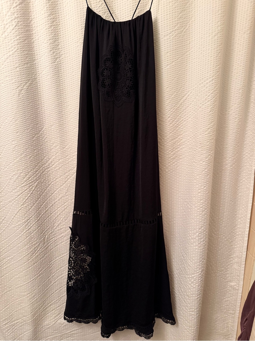 Zara Boho Maxi Dress Sz L Black Embroidered Loose Strappy Adjustable Summer